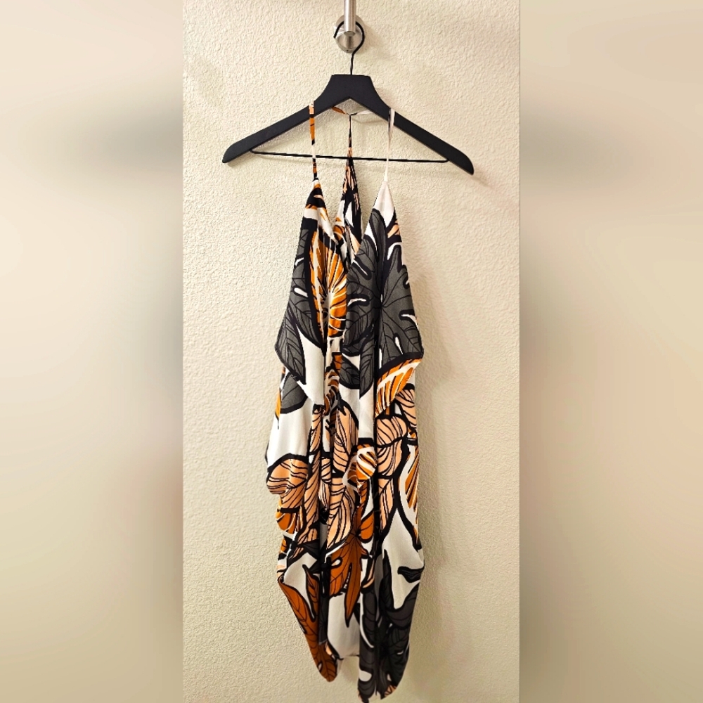 Floral Halter Dress in Black, Orange, and White